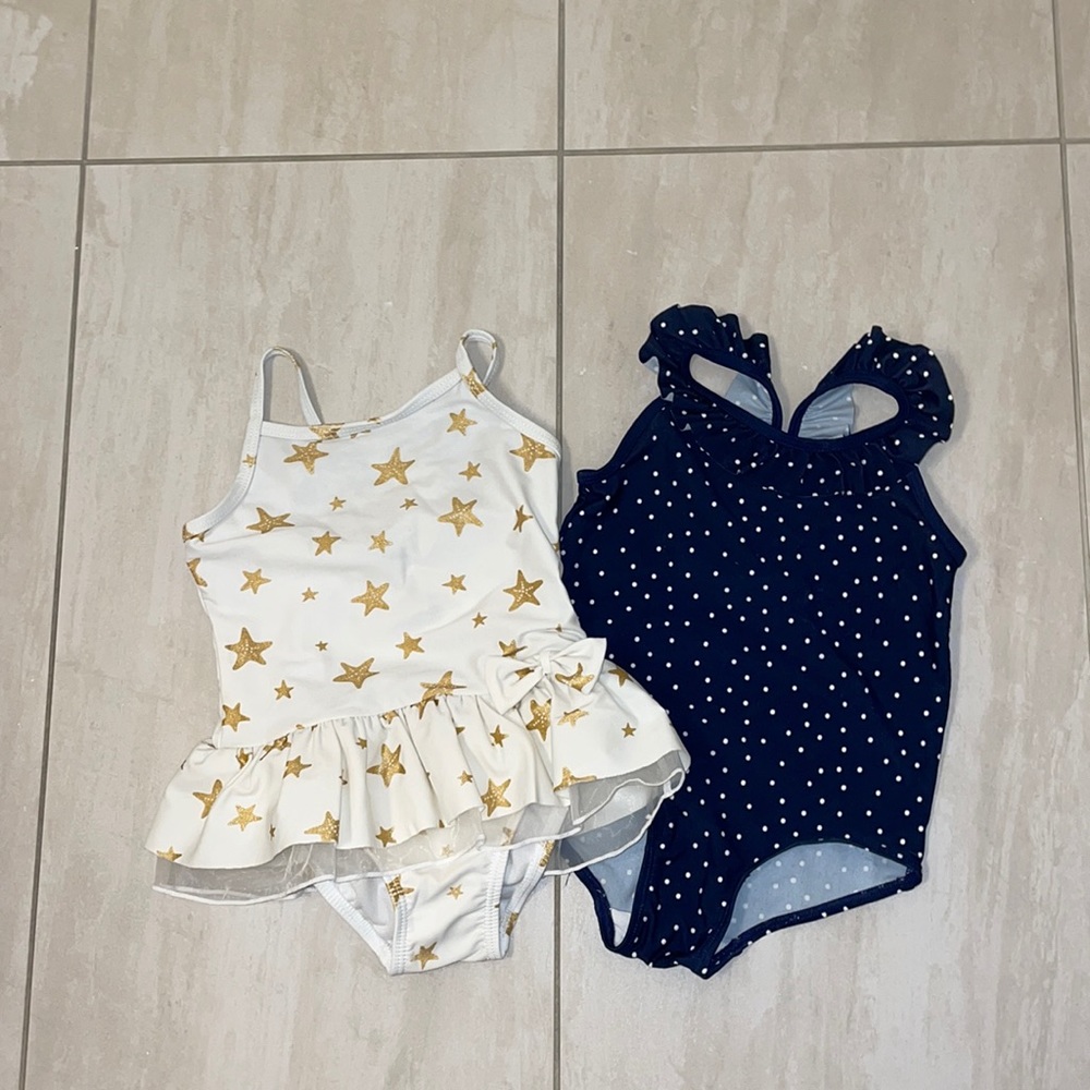 Little me white and gold star w/ruffle and H&M blue and white polka dot swimsuit